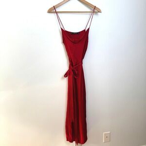 Zara Satin Slip Dress S Red Cowl Neck Fringe Belted Midi Sirencore Glam Party